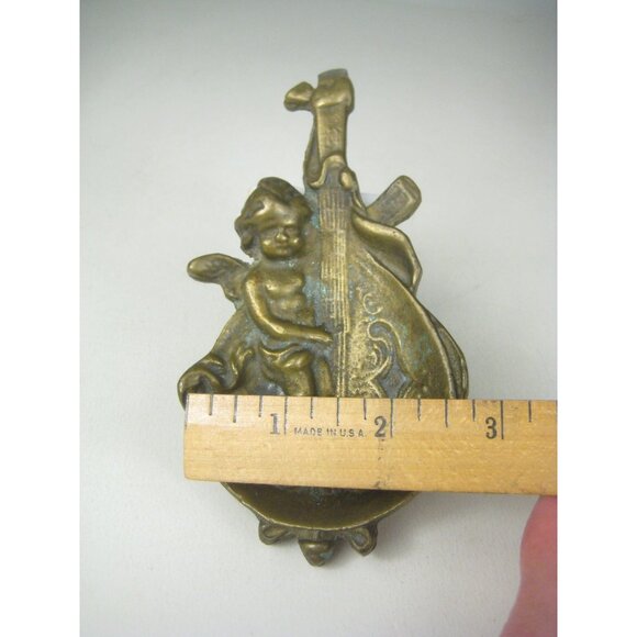 Vintage Brass Cherub Playing Cello Decorative Tray Tabletop Angel Playing Violin - Picture 5 of 12